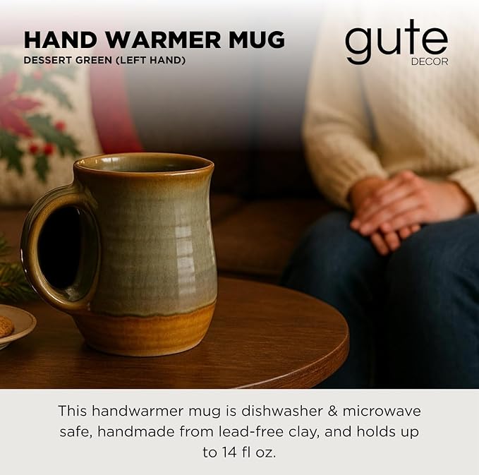 Hand Warmer Mug, Handmade Pottery Ceramic and Hand Painted - The Contoured Pocket will Hold Warmth From The Heat Of Your Drink To Keep Your Fingers Warm, Comfy Handwarmer (Desert Green) (Left hand)