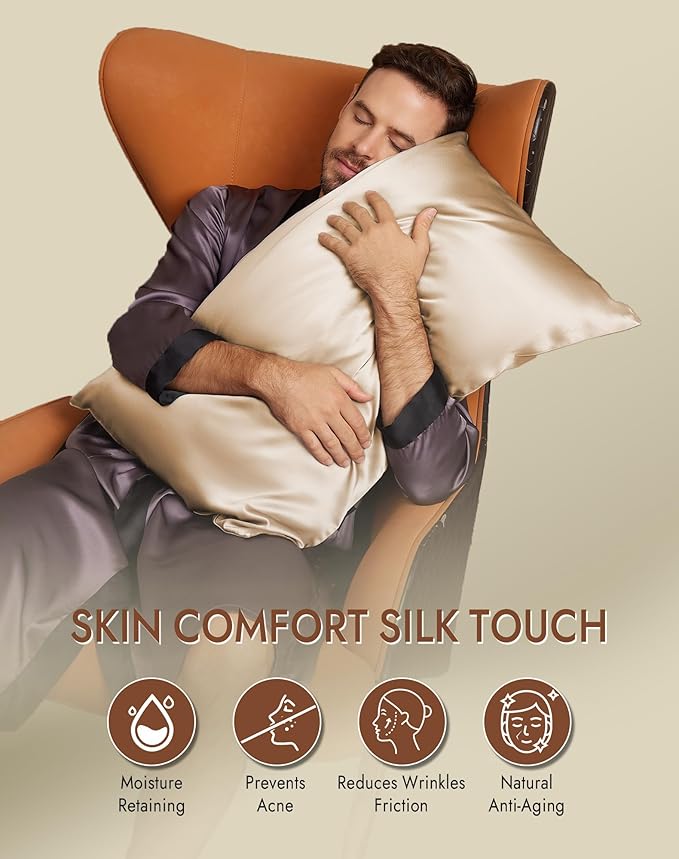 SilkSilky 100% Mulberry Silk Pillowcase - Pure 22 Momme High-Grade 6A Fibers for Hair & Skin, Hidden Zipper, Natural, Organic, Breathable & Cooling Pillow Case (Standard 20''x26'', Beige)