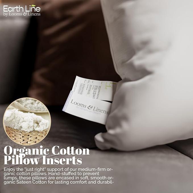 Looms & Linens Cotton Pillow Insert Filling for 12 x 12 inch Couch Pillow Inserts with Twill Cotton Shell - Pack of 1 Throw Pillow Insert Made in USA