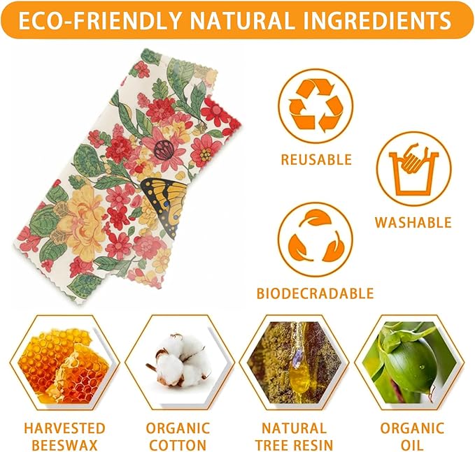 Reusable Beeswax Wrap, 9 Pack Eco-Friendly Beeswax Wraps For Food, Organic, Sustainable, Biodegradable, Zero Waste, Plastic-Free Storage, 1XL, 3M, 5S (Floral, Butterfly & Mandala)