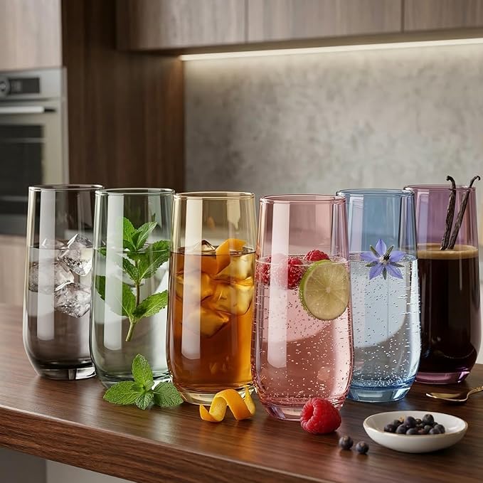 Grey Drinking Glasses Set of 6 | Translucent Black Glassware | 16 oz Smoked Grey Glass Cups | Highball Drinkware for Cocktails, Long Drink, Mojito, Juice, Soda | Modern Charcoal Drinkware