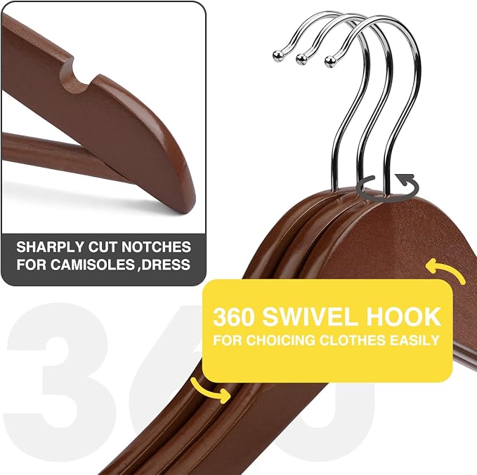 Wooden Hangers 90 Pack,Wooden Clothes Hanger for Daily Used,Heavy Duty Wood Hangers with Pant Bar & Precisely Cut Notches,Premium Hanger for Heavy Coats,Shirts,Suits,Dresses (Walnut)
