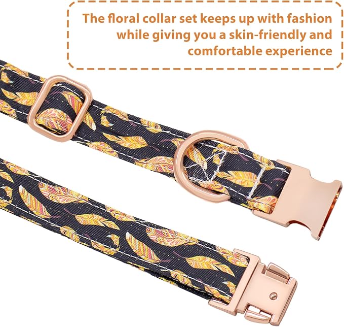 Dog Collar and Leash Set Adjustable Girls Puppy Floral Collars with Bow Tie for Small Medium Large Dogs(L, Feather)