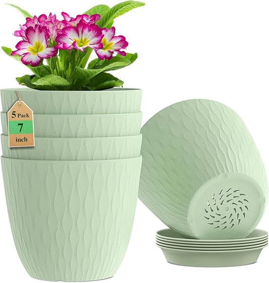 WSMKSZ 7 inch Flower Pots, 5 Pack Plant Pots with Drainage Holes and Saucers for Indoor Plants, Plastic Planters with Water Ripple for Small Garden House Plants, Nursery Pots for Succulent, Green