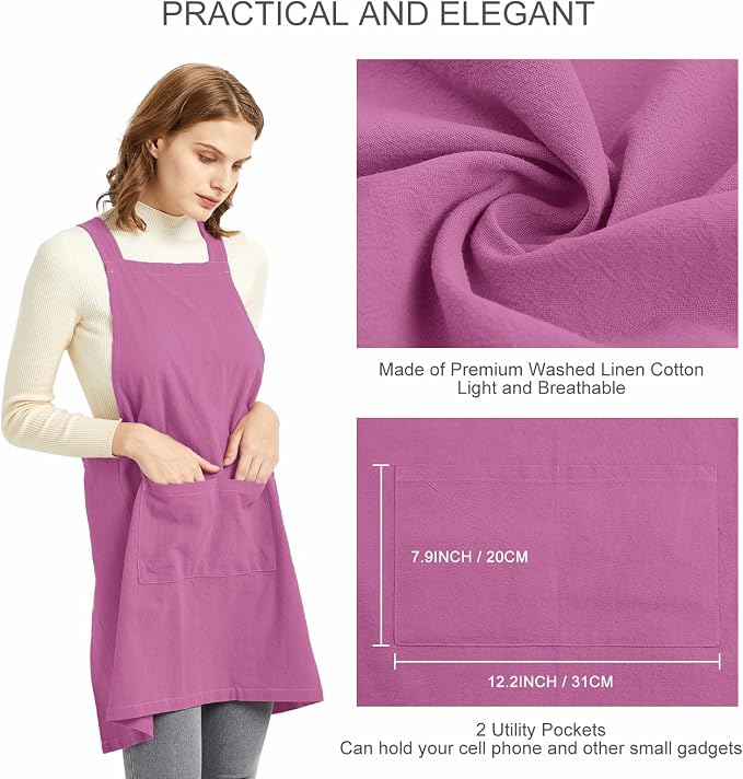 ELEZAY Aprons for Women with Pockets Plus Size Comfort Cross Back No Tie Cotton Linen Apron Pinafore