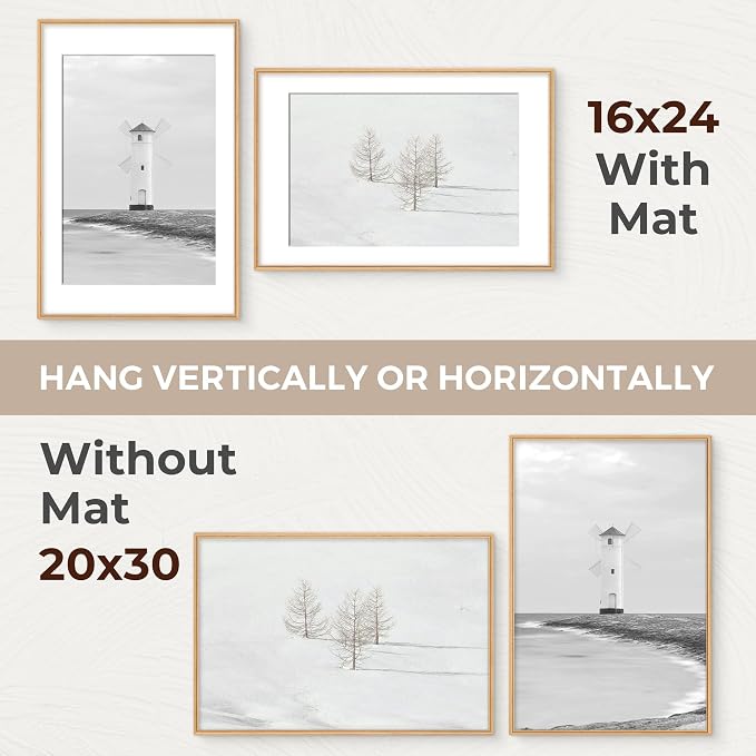 20x30 Picture Frame with Mat for 16x24, USA-Sourced Beech Wood Handcrafted Rounded Corner with HD Tempered Glass, 20 x 30 Gallery Wall Frames for Posters & Art Prints, Vertically or Horizontally
