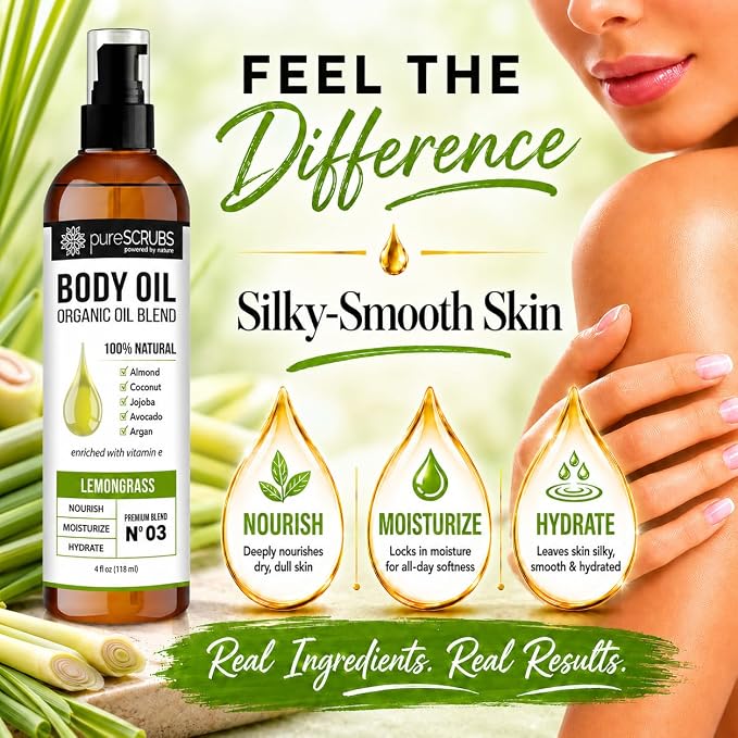 pureSCRUBS Ultra Moisturizing Lemongrass Body Oil for Dry Skin, 4 oz | Luxurious After Shower Body Oil for Soft, Silky, Glowing Skin, Non-Greasy, Fast Absorbing & Hydrating Formula with Vitamin E