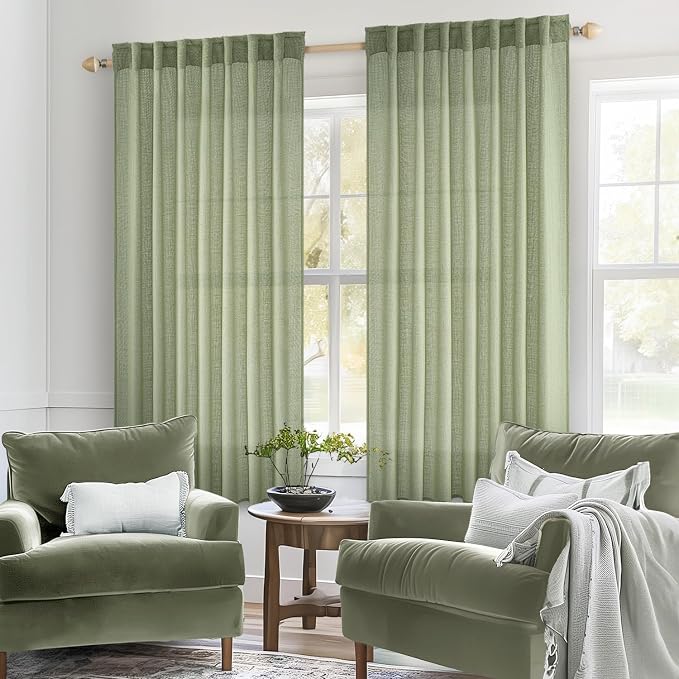MIULEE Sage Green Linen Curtains 54 Inch Length 2 Panels for Bedroom Living Room, Soft Thick Linen Textured Short Window Drapes Semi Sheer Light Filtering Back Tab Rod Pocket Burlap Look Decor