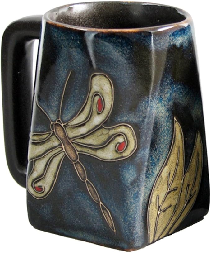 One (1) MARA STONEWARE COLLECTION - 12 Ounce Coffee or Tea Cup Collectible Square Bottom Mug - Dragonfly/Insects Design