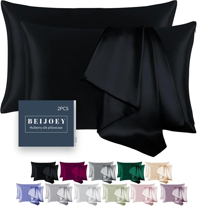 100% Mulberry Silk Pillowcase 2 Pack for Hair and Skin,with Hidden Zipper,Both Sides 19 Momme 600 Thread Count Natural Silk Pillow Cover,Soft Breathable Smooth (Black, Standard 20''x26'')