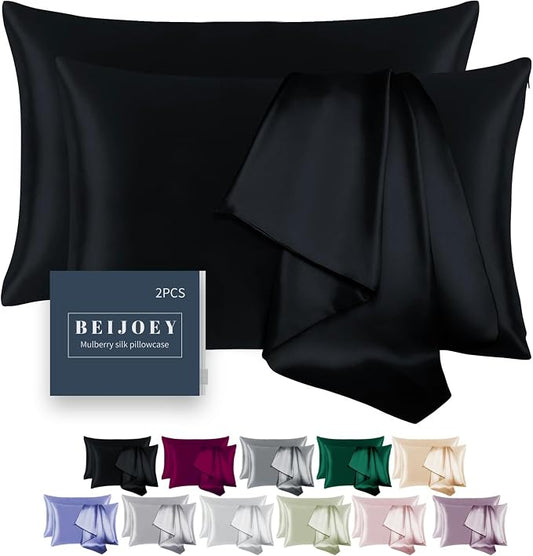 100% Mulberry Silk Pillowcase 2 Pack for Hair and Skin,with Hidden Zipper,Both Sides 19 Momme 600 Thread Count Natural Silk Pillow Cover,Soft Breathable Smooth (Black, Standard 20''x26'')