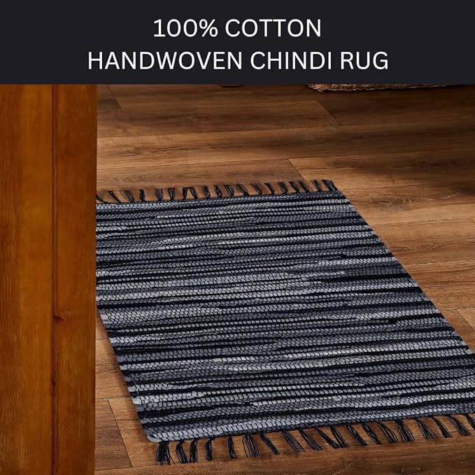 Cotton Chindi Rug - Boho Rustic Area Accent Throw Rug - Area Floor Carpet for Bedroom Living Room Kitchen Dorm Entryway Hallway - 20x32 inch Hand Woven Reversible Area Rug Black Multi
