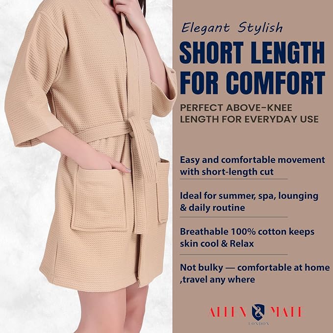 ALLEN & MATE 100% Cotton Women's Short Robe Dual Fabric Waffle Outside & Terry Towel Inside Kimono Bathrobe Medium Weight