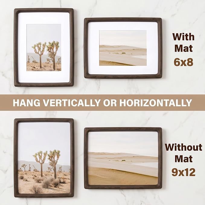 Fun Memories 9x12 Picture Frame, Natural Wenge Wood Photo Frames with HD Tempered Glass, Handcrafted Rounded Corner 9 x 12 Wooden Frames Matted to 6x8 Photos, 9x12 Frame, Tabletop or Wall Display