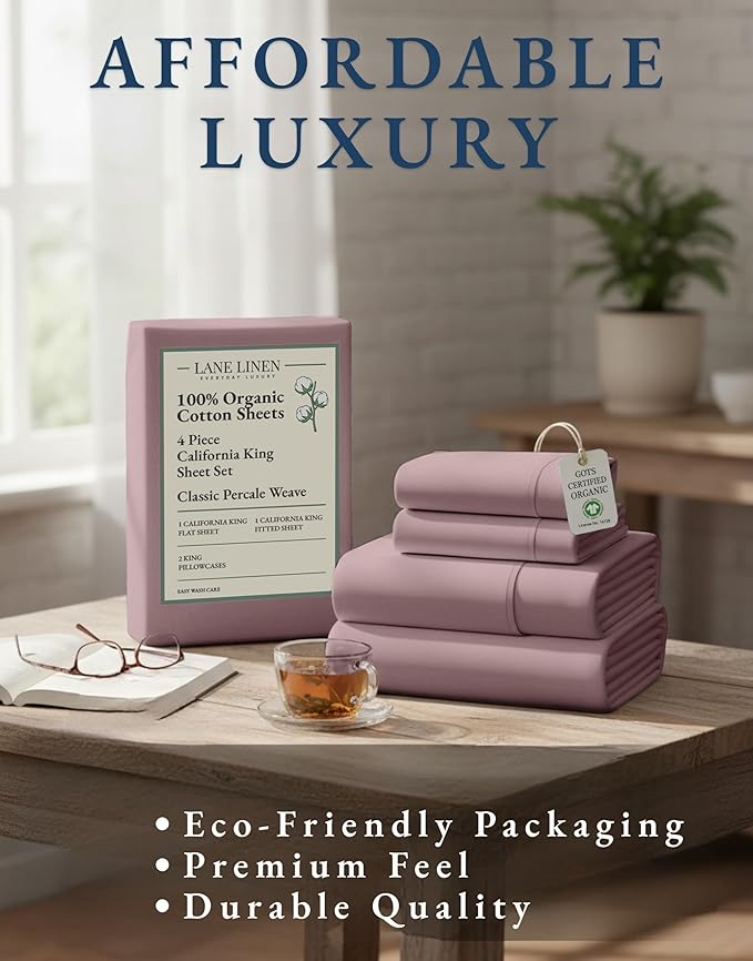 LANE LINEN 100% Organic Cotton Cal King Size Bed Sheets, Sustainably Produced Okeo Tex Certified California King Cotton Sheets, Luxury Hotel Percale Soft & Comfy Comes in Variety of Colors -Lilac