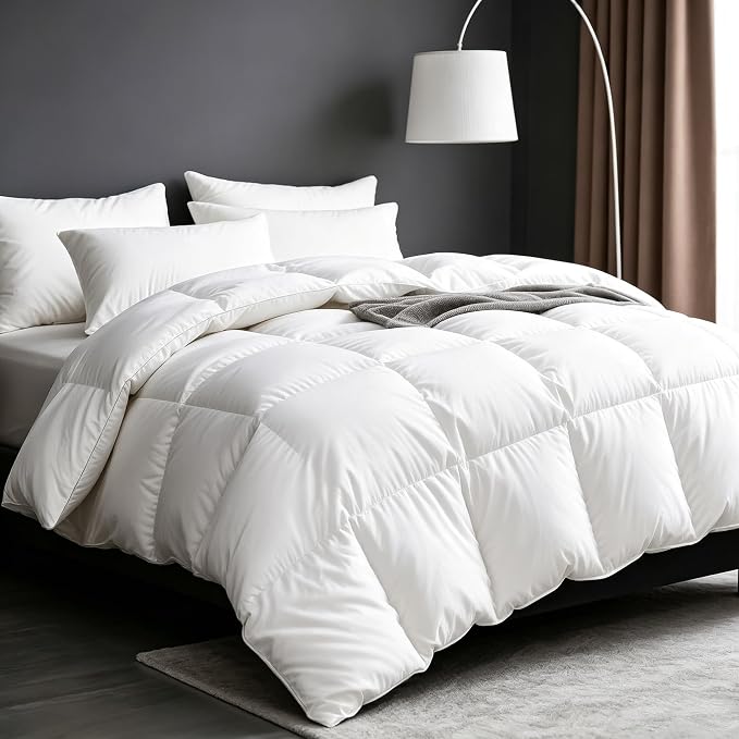 Cobnom® Luxury Organic Feather Down Comforter Full Size, All-Season Duvet Insert, Fluffy Fill-Power Down Feather Fibers Filled, 100% Cotton Cover, Medium Warm, 82x86 Inch, Ivory White