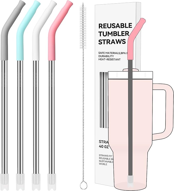 40 oz Straight Metal Straws for 40 oz Stanley Tumbler | 6 Pcs Stainless Steel Reusable Drinking Metal Straw with Colourful Silicone Tips,Straw for Glass Cups, BPA FREE