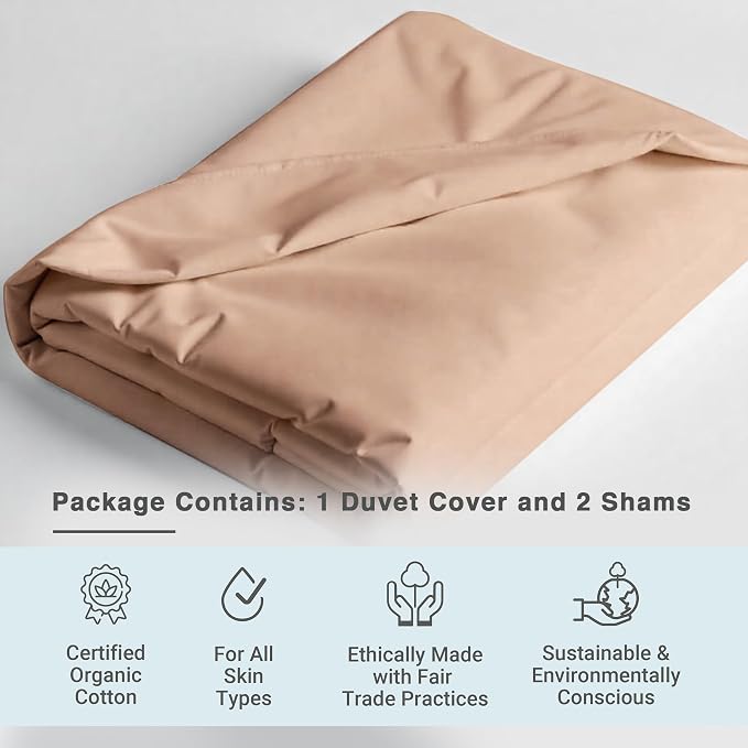 Fabdreams GOTS Certified 100% Organic Cotton Duvet Cover King Size - 400 TC Sateen - Soft - Silky - Button Closure - Edge Ties - 1 Duvet Cover (106"x92")+2 Pillow Shams (20"x36") - Taupe