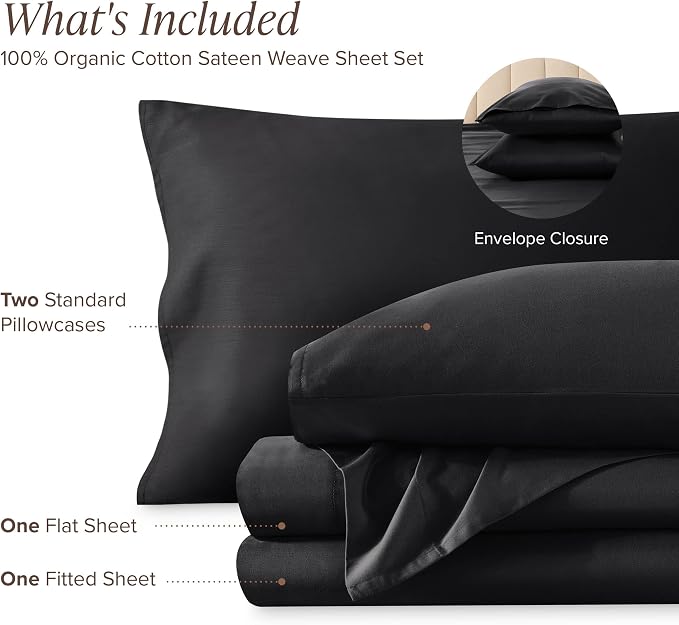 Bare Home 100% Organic Cotton Queen Sheet Set - 400 Thread Count - Smooth Sateen Weave - Breathable & Cooling - Hotel Luxury Set - Deep Pocket Bed Sheets (Queen, Black)