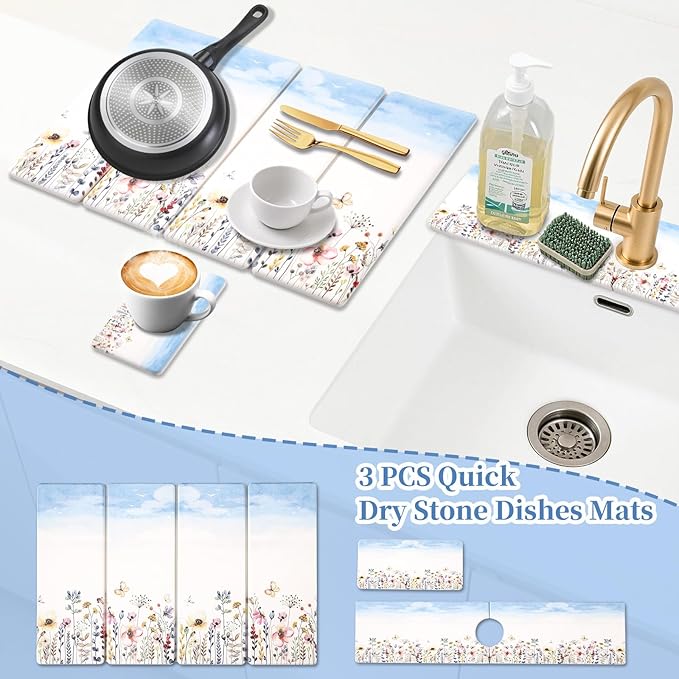 3 PCS Stone Dish Drying Mat for Kitchen Counter, Quick Dry Foldable Stone Dishes Mats, Water Absorbing Diatomaceous Earth Drying Organizer for Dishes Bottles, Cups and Tableware (Sky)