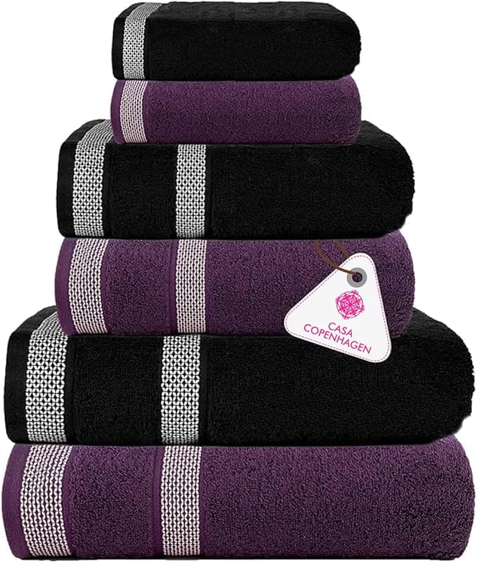 CASA COPENHAGEN Solitaire 6Pcs 100% Egyptian Cotton Large Designer Towels Gift Set- Black - Purple, 2Bath 2Hand 2Washcloths, Bath Towels for Bathroom (Box Pack, Gift Set for Women & Men)