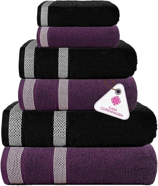 CASA COPENHAGEN Solitaire 6Pcs 100% Egyptian Cotton Large Designer Towels Gift Set- Black - Purple, 2Bath 2Hand 2Washcloths, Bath Towels for Bathroom (Box Pack, Gift Set for Women & Men)