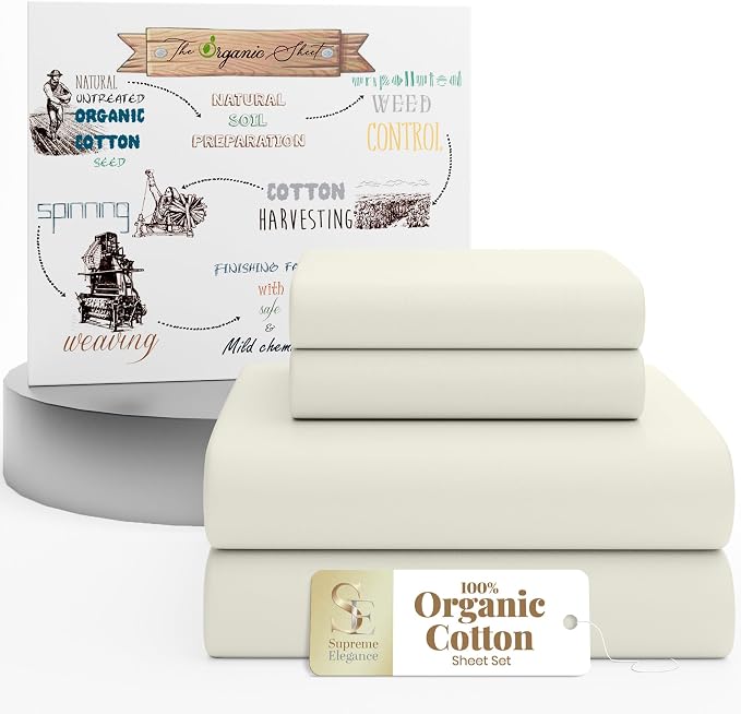 SUPREME ELEGANCE 4Pc 100% Organic Cotton Queen Sheets Set, Light Ivory, Cooling Percale, Deep Pocket Fitted Sheet, Fits 16" Mattresses, Breathable Bed Sheets & Pillowcases Set, Crisp Bedding