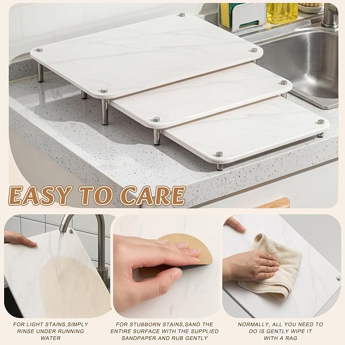 3 Pcs Nesting Stone Drying Mat for Kitchen Counter, Diatomaceous Dish Stone Drying Mats Quick for Kitchen Counter, Non Slip Feet, Heat Resistant, Nesting Stackable Design(Marble,White)