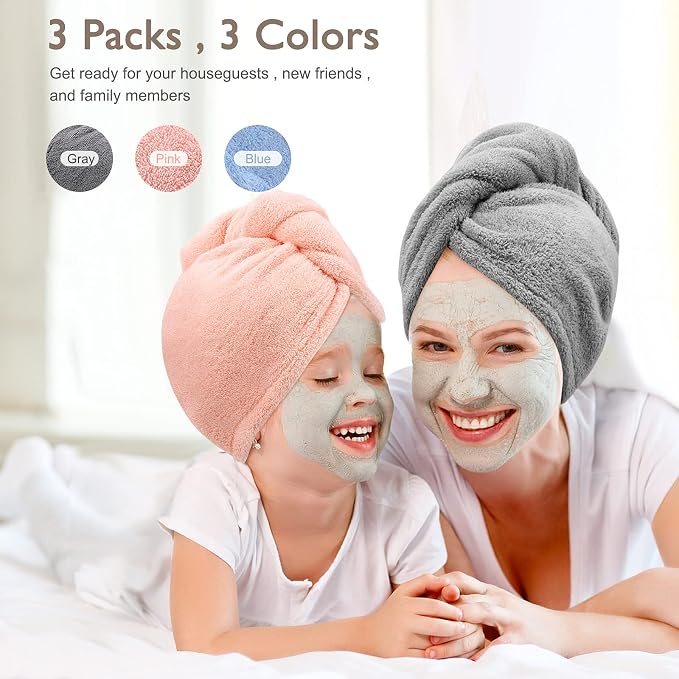 Microfiber Hair Towel, 3 Packs Hair Turbans for Women, Men,Kids, Quick Dry Hair Wrap Towels for Curly,Long, Curly Hair Anti Frizz (Gray+Pink+Blue)