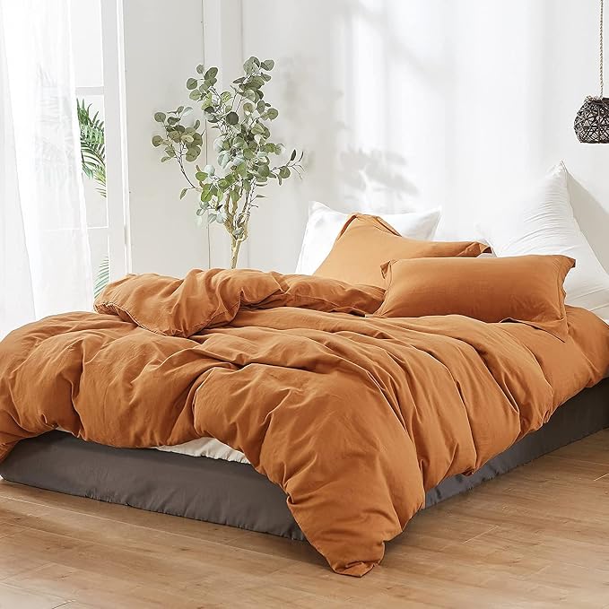 Simple&Opulence French Linen Duvet Cover Set 104"x 92"- 5 Pieces (1 Comforter Cover,4 Pillowcases)-Natural Flax Cotton Blend-Solid Color Breathable Farmhouse Bedding-Rust, King