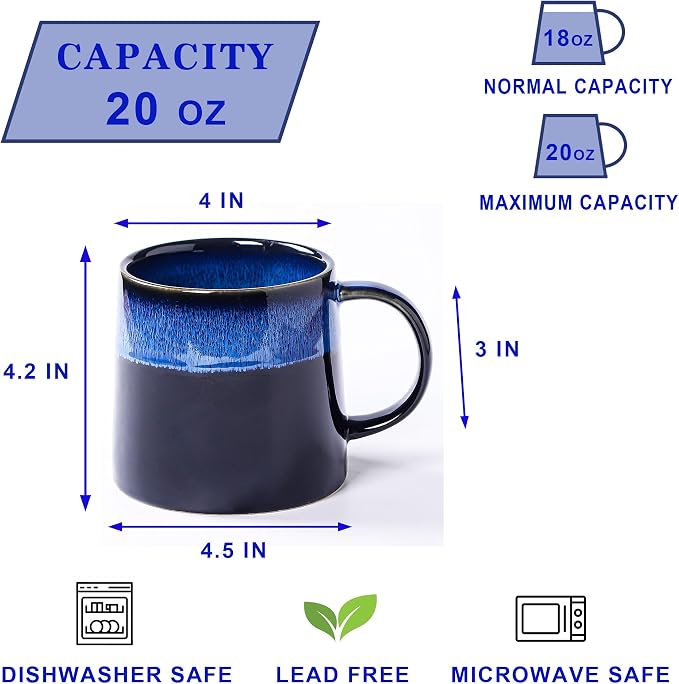 Large Ceramic Coffee Mugs, 20 oz Handmade Pottery Mug, Big Tea Cups with Handle for Office and Home, Dishwasher and Microwave Safe (Sky Blue)