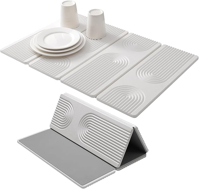 Large Quick-Dry Stone Drying Mat for Kitchen Counter, 24" × 16", Foldable Diatomaceous Earth Dish Drying Mat with PU Non-Slip Base,for Bottles Cups Dishes (White (4-fold), 24" × 16")