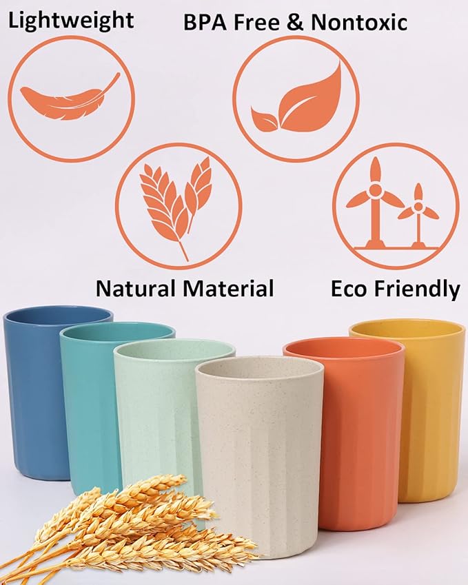 Wheat Straw Cups,10 OZ Plastic Cups Reusable Unbreakable Tumblers,Lightweight Camping Drinking Glasses for Adult,Dishwasher Safe Water Glasses with 6 Colors