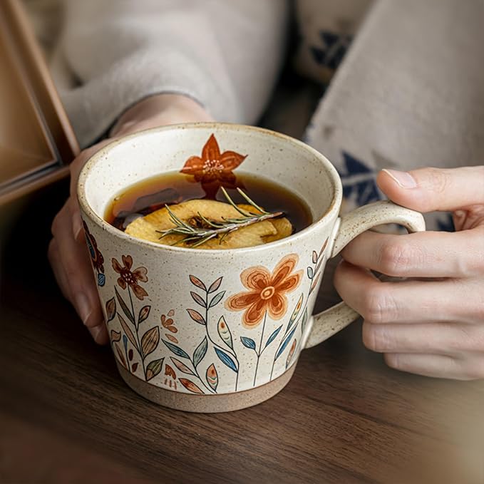 15oz Vintage Floral Ceramic Coffee Mug, Hand-Painted Lead-Free Tea Cup with Comfort Handle, Microwave & Dishwasher Safe for Home Office & Gift for Women (Orange Floral, 15, ounces)