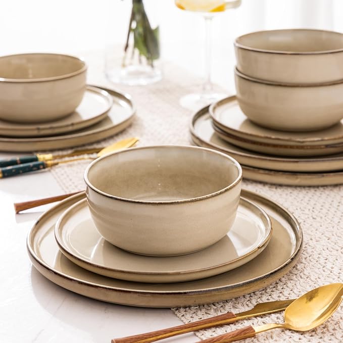 AmorArc Stoneware Dinnerware Sets & Pasta Bowls & Coffe Mugs,Service for 4 (22pc)