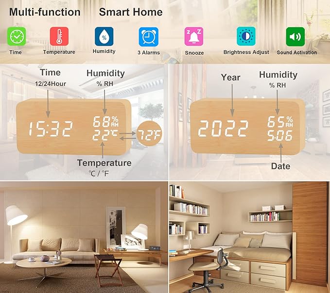 Alarm Clock Modern Wood Digital Clock Snooze LED Desk Clock Display Time Temperature Humidity Brightness Adjustable for Home Kids Bedroom Office(Beige)