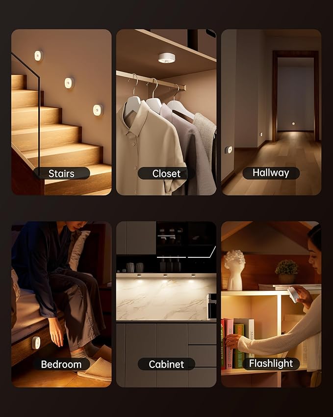 Homelist Digital Mini COB Puck Lights, 6 Pack Rechargeable Motion Sensor Lights Indoor 700mAh 100LM Sensor Night Lights, Dimmable Closet Light for Cabinet, Counter, Stairs, Hallway, Bedside