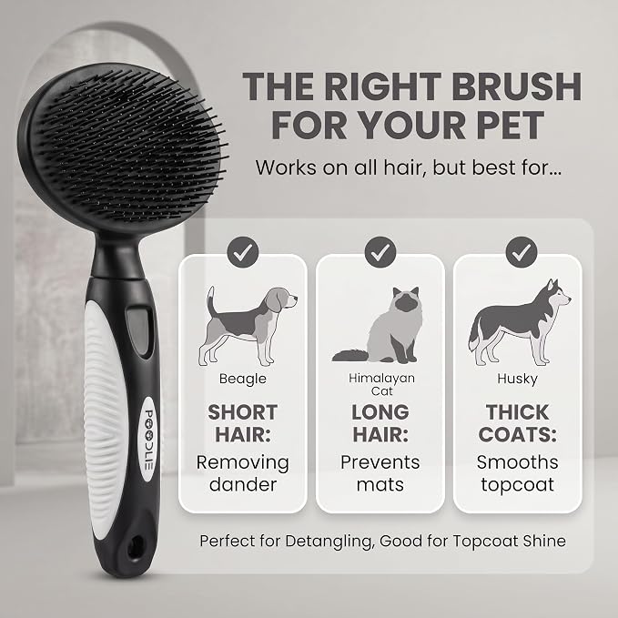 Round Bristle Pet Brush for Dogs and Cats - Soft Dog Brush for Grooming Short or Long Hair - Gentle Tool for Sensitive Skin Removes Dander, Dirt, and Detangles (Black)