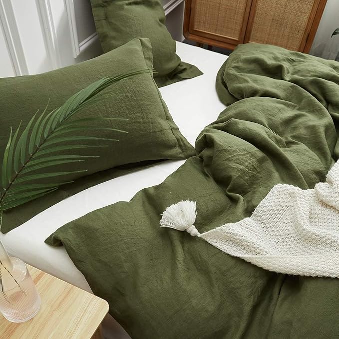 Simple&Opulence 100% Linen Duvet Cover Set, 3 PCS Natural French Flax Olive Green Duvet Cover King Size, Breathable Soft Comfy Linen Bedding Comforter Cover with 2 Pillowcases(Olive Green, 104"x92")