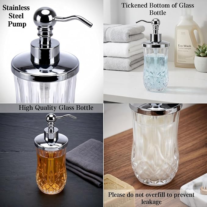2 Pack 9 Oz Glass Soap Dispenser with Rust Proof Stainless Steel Pump,Clear Round Textured Refillable Hand Soap Dispenser with Vertical Fluting for Lotion,Hand Soap or Body Wash for Kitchen & Bathroom