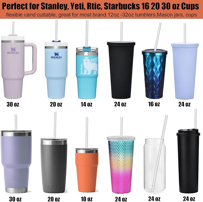 ALINK 12-Pack Reusable Glitter Straws, 11" Long Clear Hard Plastic Tumbler Straws, Replacement Drinking Straws for 20 OZ 30 OZ Stanley, Yeti/Rtic, Starbucks, Mason Jars with Brush