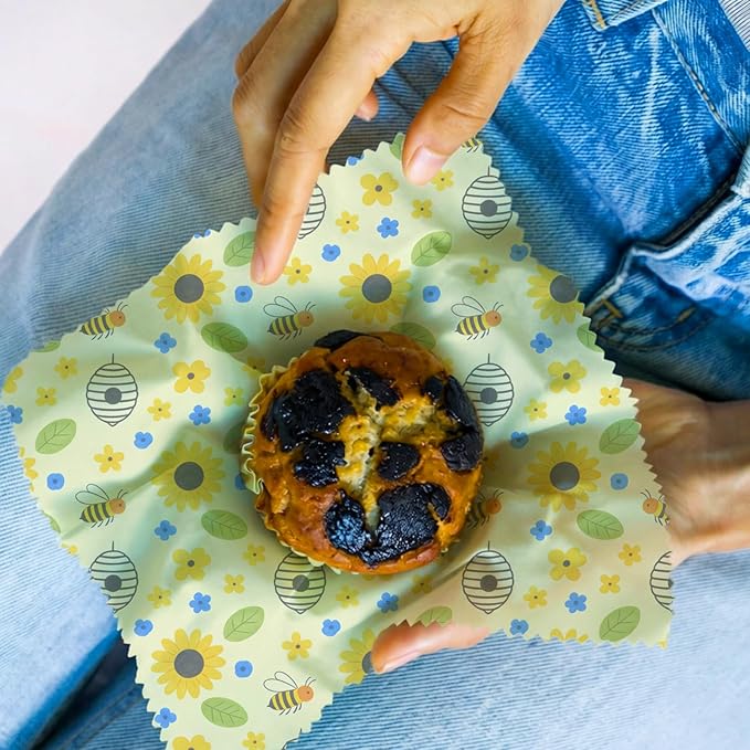 Reusable Beeswax Wraps, 9 Pack, For Sandwich, Bread, Fruit, Bowl, Eco-Friendly, Organic Cotton, Sustainable, Zero Waste, Plastic-Free, 1XL, 3M, 5S, Assorted Bread Floral Bee Patterns