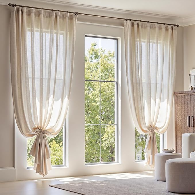 jinchan Linen Curtains 120 Inch Length 2 Panels Set Window Curtains for Living Room Bedroom Extra Long 10 Foot Farmhouse Drapes Aesthetic Decor Light Filtering Drapes, Back Tab Linen Natural, 50Wx120L