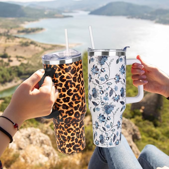 SYACOT 40 oz Tumbler with Handle and Straw Stainless Steel Insulated Tumbler Leak Proof Lid and Straw Lid Reusable Travel Mug Coffee Mug Cup Dishwasher Safe Keep Drinks Cold and Hot (Leopard)