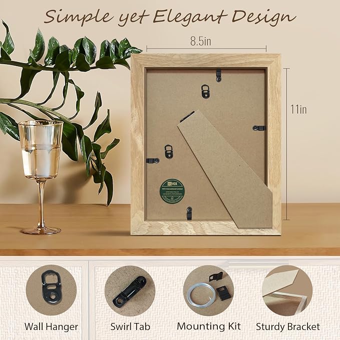 VCK 8.5 by 11 Picture Frame Set of 3, Natural Solid Wood Beige Frame with Exclusive Wood Grain, Tabletop Display & Wall Mounting for Home Deco