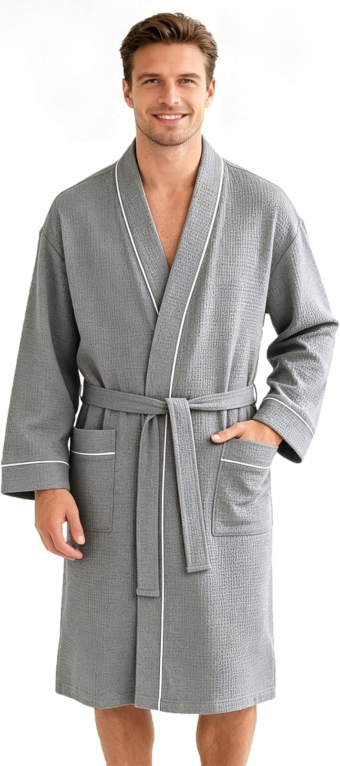 Inner Wish Men's Cotton Waffle Kimono Robe, Lightweight Soft Spa Shower Bathrobe, Hotel Lounge Robes for Men
