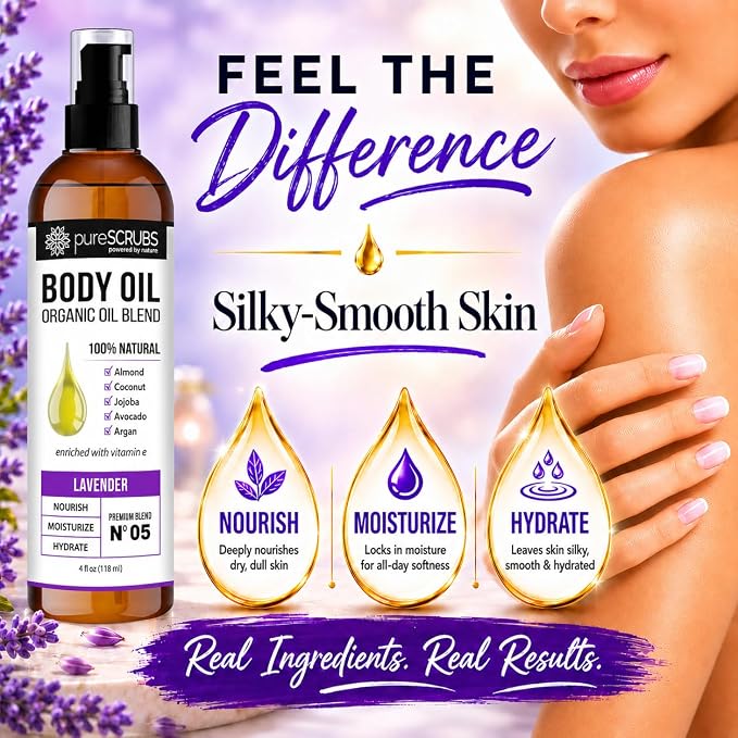 pureSCRUBS Ultra Moisturizing Lavender Body Oil for Dry Skin, 4 oz | Luxurious After Shower Body Oil for Soft, Silky, Glowing Skin, Non-Greasy, Fast Absorbing & Hydrating Formula with Vitamin E