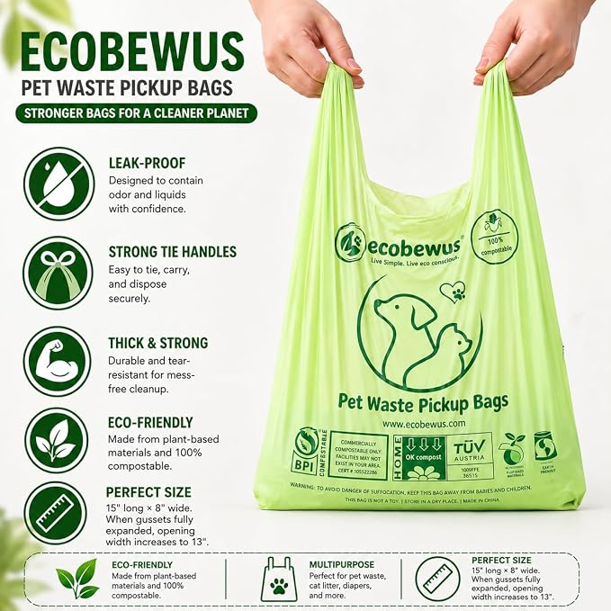 100% Compostable Pet Waste Disposal Bag (140 ct.) Plant-Based Cat Litter Poop Waste Pick-Up Bags with Handles Dog poop Bags Disposable Compost Food Scrap Liners (140 ct.)