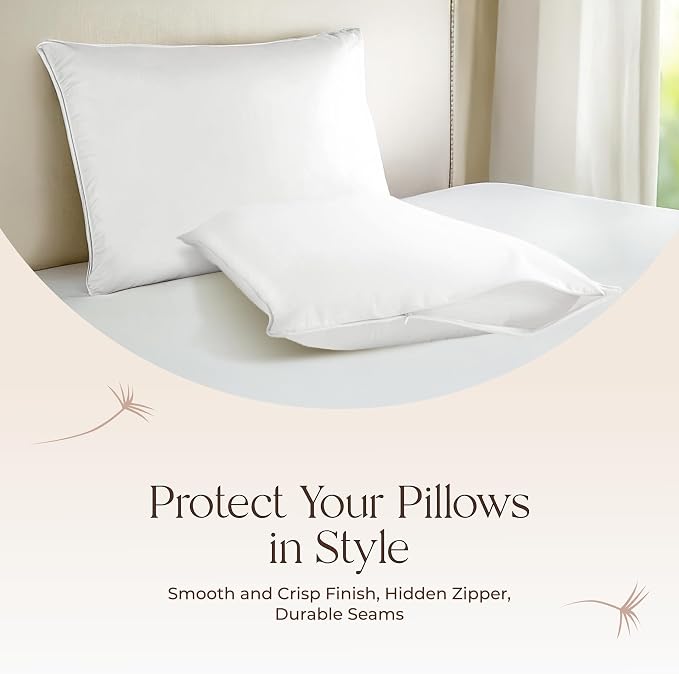 Organic Cotton Pillow Protector Queen Size - 100% Cotton GOTS Certified Pillow Case Protector with Zipper - Hypoallergenic Machine Washable Edge Piping & Breathable Cover - 2 Pack (White, Queen)