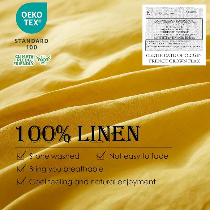 Simple&Opulence 100% Linen Duvet Cover Set 3pcs Basic Style Natural French Washed Flax Solid Color Soft Breathable Farmhouse Bedding with Button Closure - Mustard Yellow, King